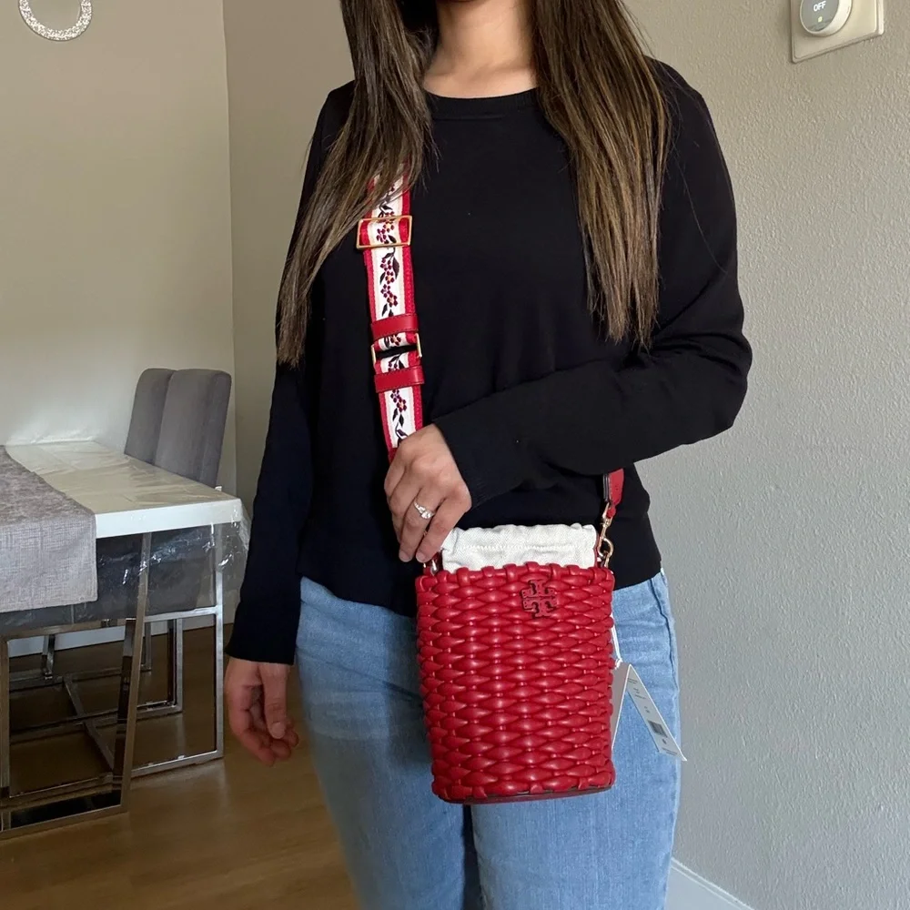 NWT Emerson Warm Red Woven mini Bucket Bag with Embroidered Strap
